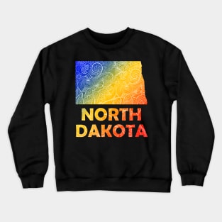 Colorful mandala art map of North Dakota with text in blue, yellow, and red Crewneck Sweatshirt